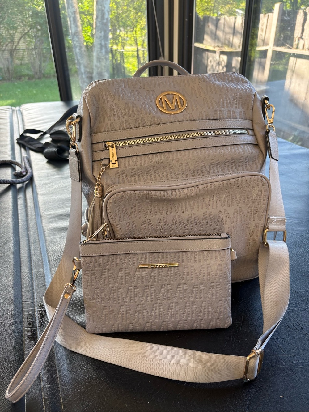 M Marco MKP Beige Monogram Backpack & Matching Wristlet Set Gold Hardware